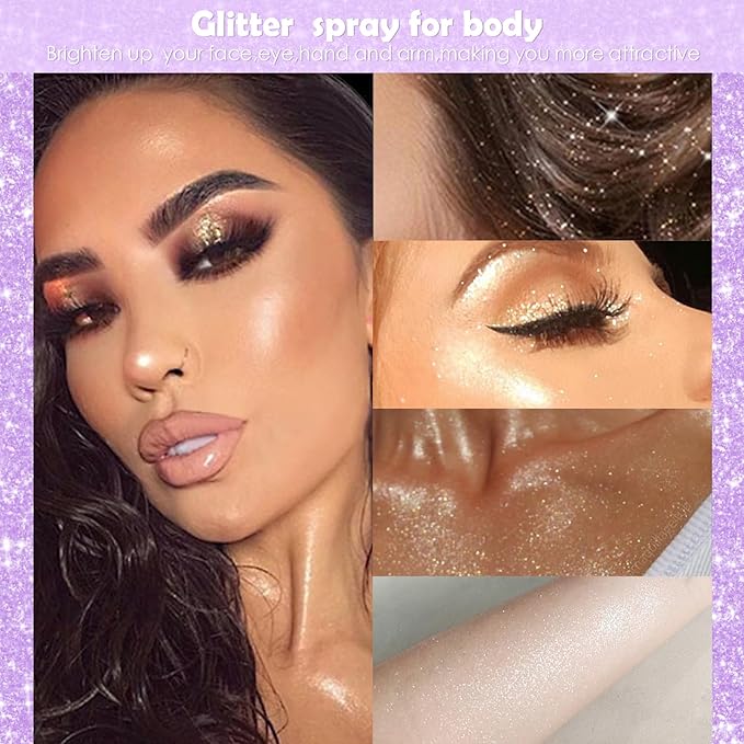 Highlighter Powder Spray, 20ML Cosmetic Grade High Gloss Body Shimmer Powder Fairy Dust Highlighter Sparkle Face Makeup Setting Magic Diamond Glitter Spray Shimmer Face Body Skin Hair Clothes