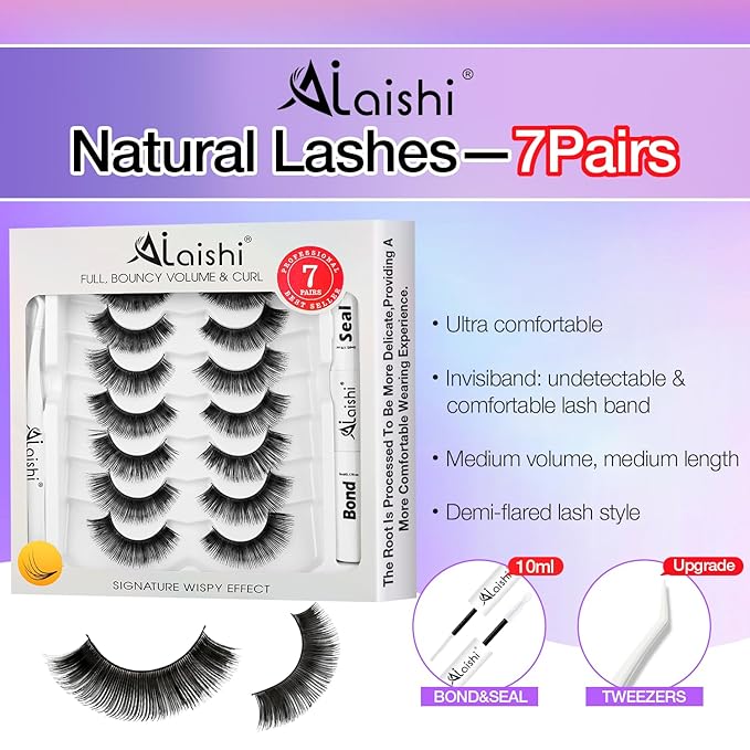 Fluffy False Eyelashes Kit With Bond, Seal and Tweezer, 7 Pairs Natural Look Fake Cat Eye Lashes Strips Thin Band Extensions Waterproof Easy Eyelashes for Beginners DF79