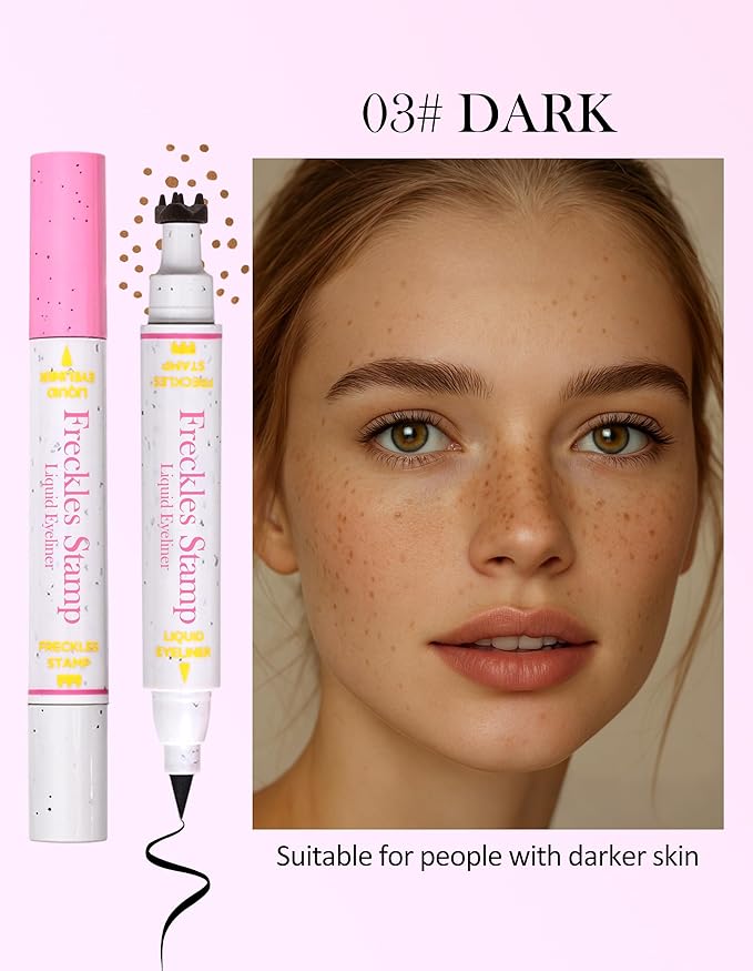 Erinde Waterproof Freckle Stamp Pen, Dual Ended Fake Freckle & Black Liquid Eyeliner, Long Lasting Quick Dry Faux Freckles Stamp Freck Pen for Natural Sunkissed Makeup, 03 Dark