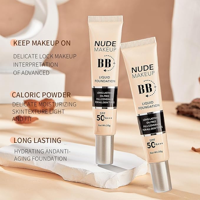 BB Cream with SPF 50, BB Cream Full Coverage, Hide Pores Blemishes, Nude Makeup Base, Even Skin Tone, Long Lasting Oil Control, Hydration BB Cream, Natural Finish for All Skin Types (Ivory)