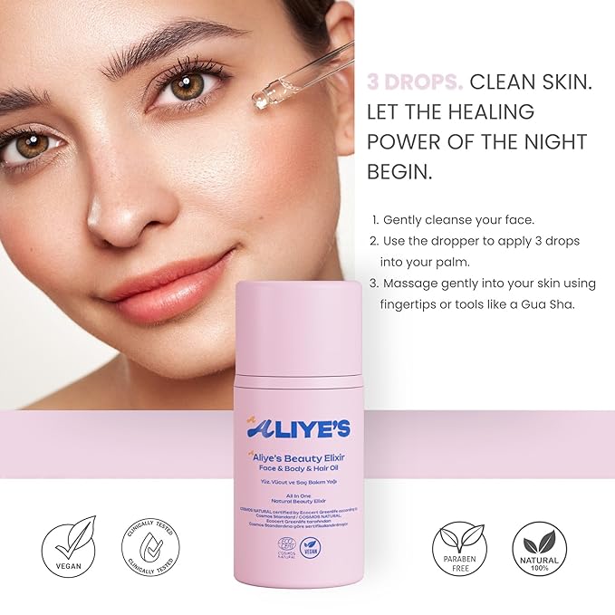 ALIYE'S A Beauty Elixir - All In One - Face & Body & Hair Oil Ecocert/Cosmos Natural Certified, Vegan, Non-GMO, Alcohol - Silicone Paraben Free, Derma