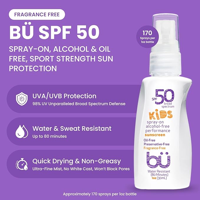 BU SPF 50 Fragrance Free Kids Sunscreen Spray for Face and Body, TSA Travel Size Sunscreen, Clear Non Aeorsol Spray, Non Greasy, Water Resistant and Oil Free, 1 oz (4-pack)
