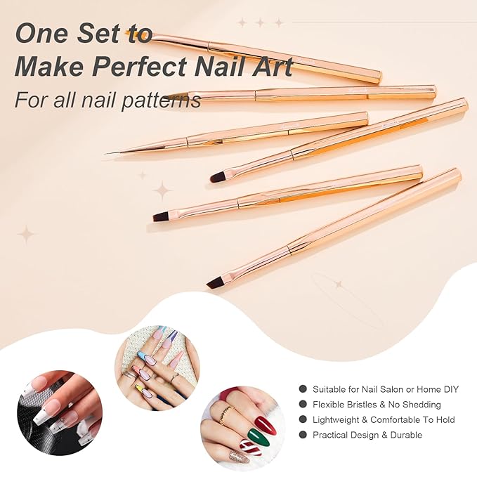 6Pcs Nail Art Brush Set - Nail Design Tool Including Nail Liner Brush, Ombre Brush, Nail Gel Polish Painting Brush Drawing Pen for Home Use and Professional Nail Salon