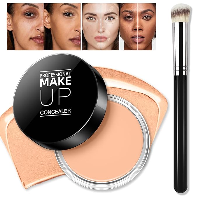 Cream Concealer Full Coverage Makeup, Matte Color Correcting Concealer with Brush, Waterproof, Conceals Blemish, Pores and Spots, Under Eye Makeup Concealer for Dark Circles (#05 MEDIUM HONEY)