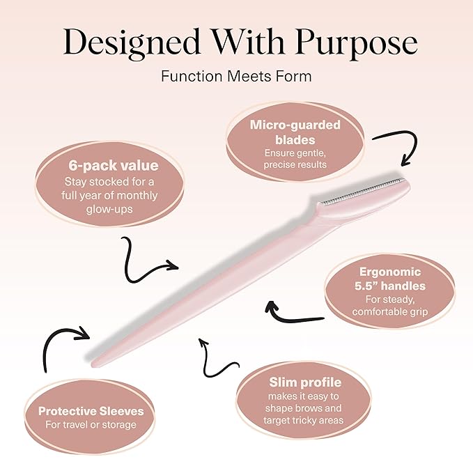 Kitsch Dermaplane Razor for Women Face - Face Razors for Women and Men - Eyebrow Trimmer, Shaver, Recycled Plastic Dermaplaning and Skin Care Tool - Blush, 6 pcs