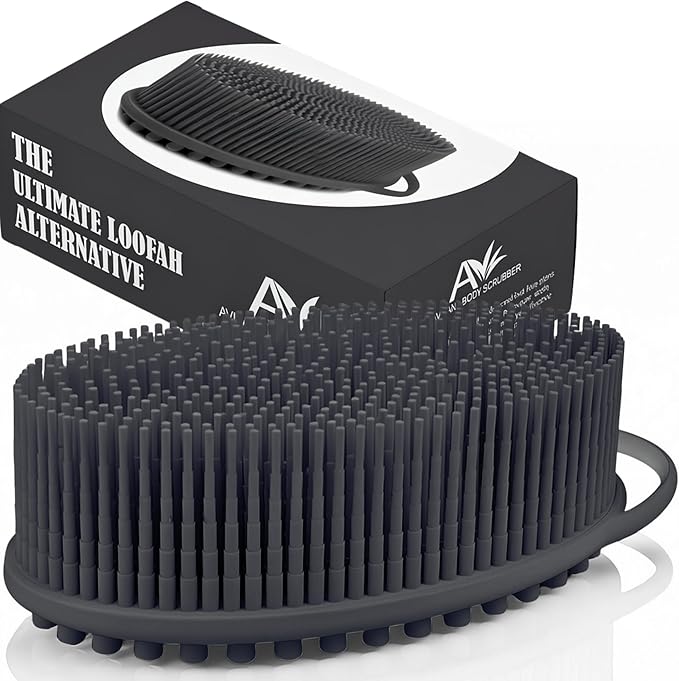Avilana Silicone Body Scrubber – Gentle Shower Brush & Loofah Alternative- Food Grade & Lab Tested – Fast-Drying, Hygienic, BPA-Free Silicone Body Gentle Exfoliator (Dark Gray, Massage)