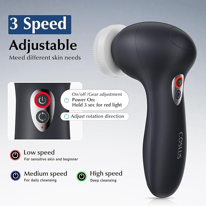 COSLUS Facial Cleansing Brush Face Scrubber: 3 in 1 Bi-Directional Electric Spin Brush for Removing Blackhead, Exfoliating, Massaging - Rechargeable Waterproof, 3 Adjustable Speeds for Men & Women