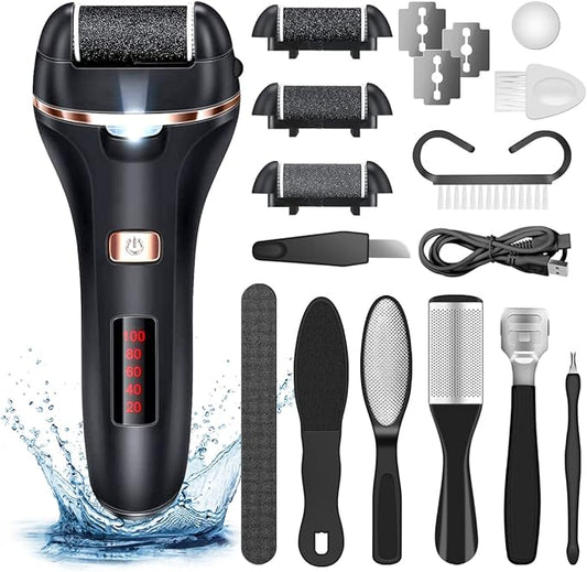 Electric Callus Remover for Feet,Rechargeable Foot File Hard Skin Remover,Waterproof 14 in1 Professional Pedicure Kit for Cracked Heels &Dead Skin,with 3 Roller Heads 2 Speed