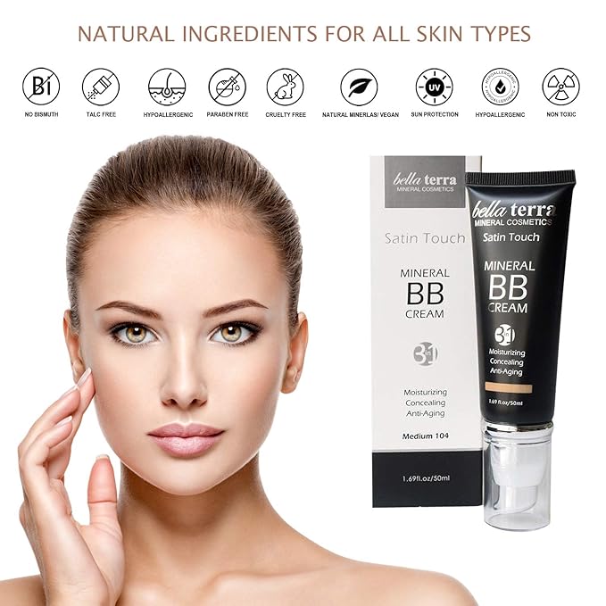 Bellaterra Cosmetics Mineral BB Cream - Tinted Moisturizer & Foundation, Hypoallergenic, Buildable Coverage, Oil-Free, Non-Comedogenic, Vegan, 1.69oz, Medium Tan 105