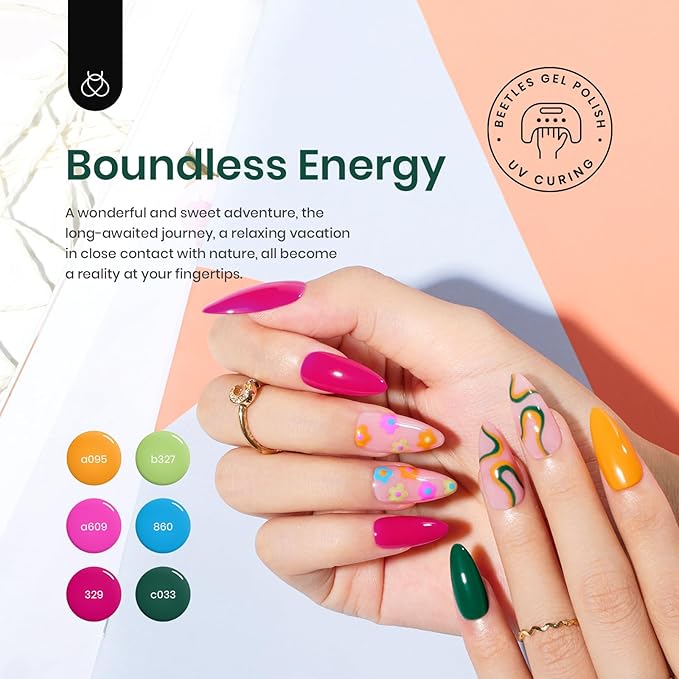 beetles Gel Polish Set - Hot Pink Green Blue Orange Gel Nail Polish Rainbow Boundless Energy Collection Holiday Nail Art Design Soak Off Uv LED Manicure DIY Home
