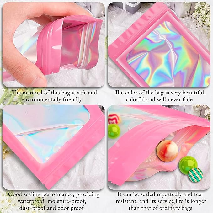 100 Pack Holographic Bags, Resealable Bags Packaging Bag with Clear Window Resealable Odor Foil Pouch for Food Storage, Lipgloss&Jewelry Lash Packaging(Pink, 2.4 x 3.9 Inch)