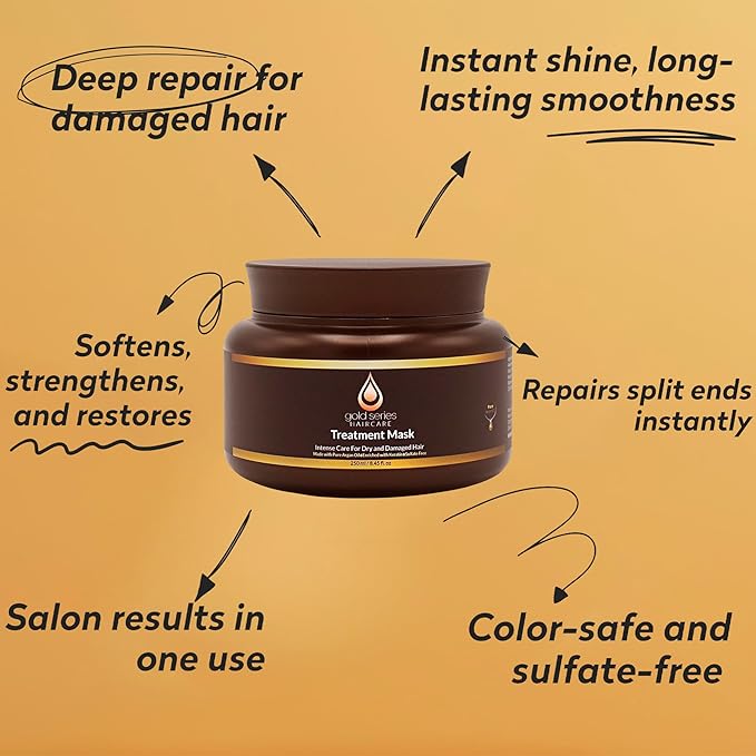 Gold Series Treatment Mask – Deep Hydrating Argan Oil Hair Mask for Dry, Damaged, Color Treated and Curly Hair Enriched with Keratin – Sulfate Free Natural Hair Repair Treatment, 8.45oz