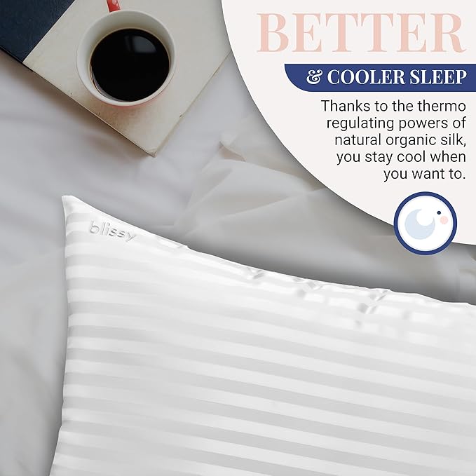 Blissy Silk Pillowcase - 100% Pure Mulberry Silk - 22 Momme 6A High-Grade Fibers - Silk Pillow Cover for Hair & Skin - Regular, Queen & King (White Striped, Standard)