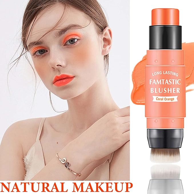 Cream Blush Stick,Blush Stick for Cheeks with Contour Brush,3-in-1 Long Lasting Waterproof Blush&Eye Shadow&Lip Gloss for Natural Skin Types（03 Citrus Pink）