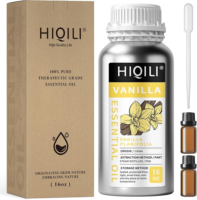 HIQILI 16 Ounces Vanilla Essential Oil, Strong Fragrance for Body Lotion, Candle Making, Soap, Aromatherapy -16 Fl Oz