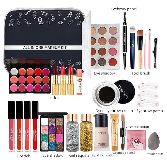 All-in-One Makeup Gift Set Carry All Makeup Kit Women Full Kit With Makeup Bag Concealer Lipgloss Lipstick Blush Foundation Face Powder Eyeshadow Palette Cosmetic Palette #5