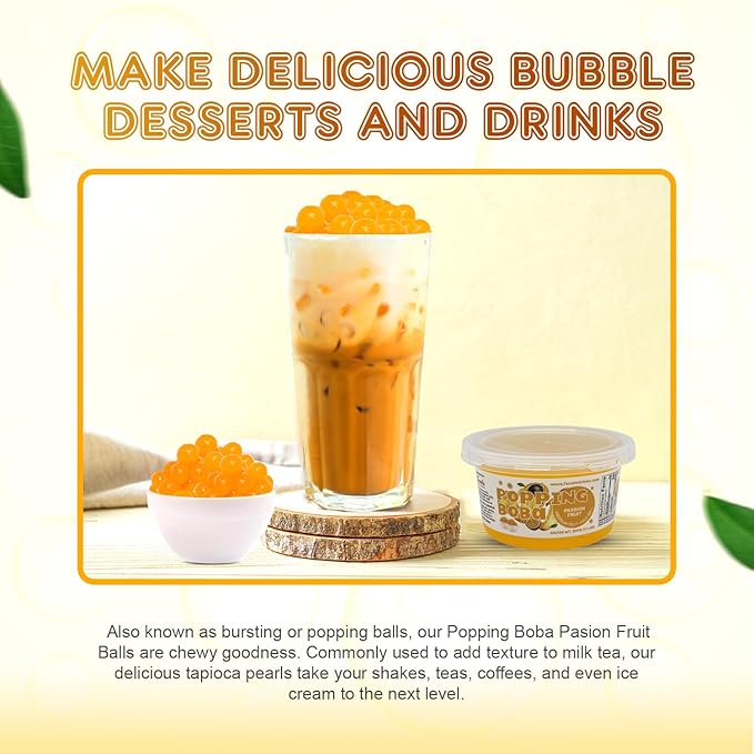 Fanale Passion Fruit Popping Boba Pearls, Vegan, Non GMO, Gluten Free, Fat Free, Perfect for Bubble Tea, Smoothies, Ice Cream, Desserts, and Beverages.