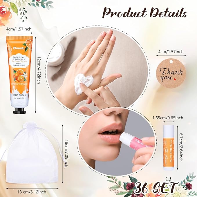 36 Set Thank You Gifts for Employee Hand Cream and Lip Balm Bulk Set with Organza Bag Thank You Card Hand Lotion Appreciation Gift Set for Women Men Coworkers Volunteer