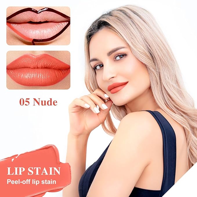 Lip Stain - Lip Stain Peel Off Long-Lasting with Matte Finish Waterproof & Transfer-Proof, Lip Liner Moisturizing & Nourishing Non-Stick Cup Highly Pigmented Color Lip Tint (05 Nude)