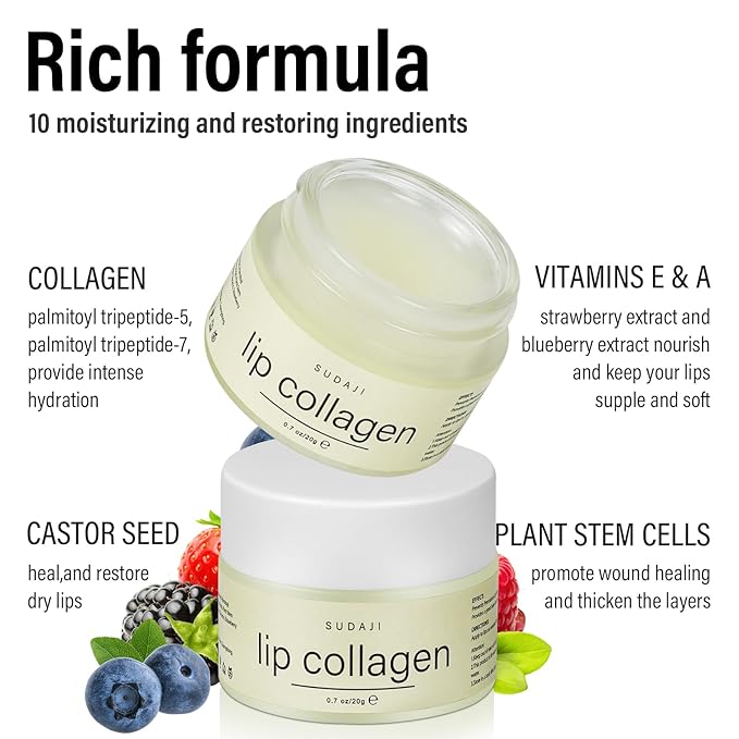 Lip Collagen + Peptide Complex, Collagen Lip Balm with Vitamins E, A -Lip Butter to Nourish & Hydrate Dry Cracked Lips, Moisturizing Lip Mask Overnight, Gentle exfoliating Lip Butter Balm