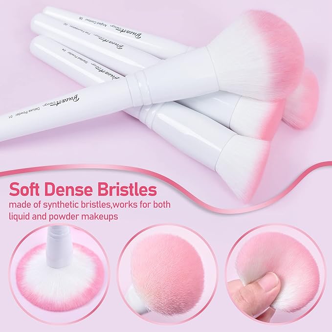 Bueart Design 16Pcs ULTRA SOFT labeled Makeup Brushes set with brush Holder face brush for Foundation Powder Blending Blush wooden Handle(16Pcs White+Pink Holder)