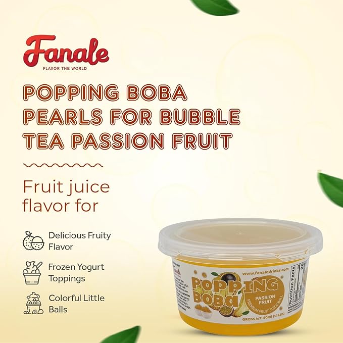 Fanale Passion Fruit Popping Boba Pearls, Vegan, Non GMO, Gluten Free, Fat Free, Perfect for Bubble Tea, Smoothies, Ice Cream, Desserts, and Beverages.