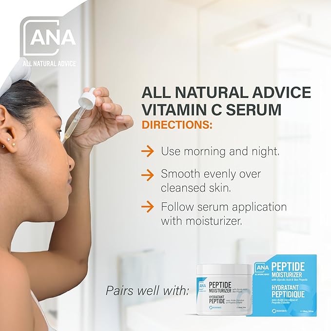 All Natural Advice Vitamin C Serum 30mL | 20% Vitamin C Face Serum Solution with Organic Botanicals, Hyaluronic Acid & Vitamin E | UV-Shielding Glass Bottle with Dropper | Canadian Skin Care