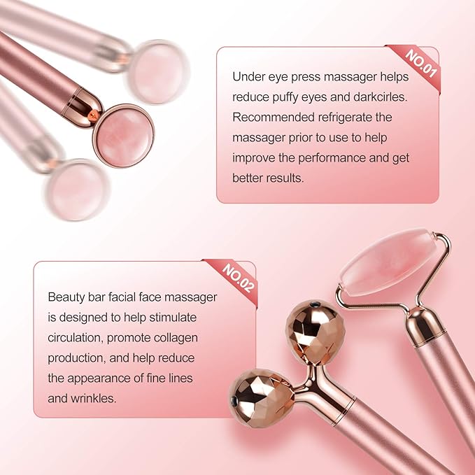 3-IN-1 Electric Jade Roller 3D Roller Facial Roller & Face Massager, Rose Quartz