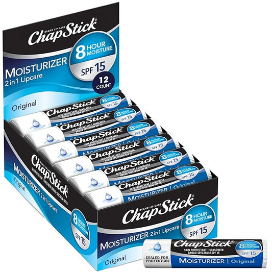 ChapStick Moisturizer 2-in-1 Lipcare SPF 15, Original, 12-Pack – 8-Hour Sunscreen Lip Balm with Aloe Vera and Vitamin E, 0.15 Oz Ea
