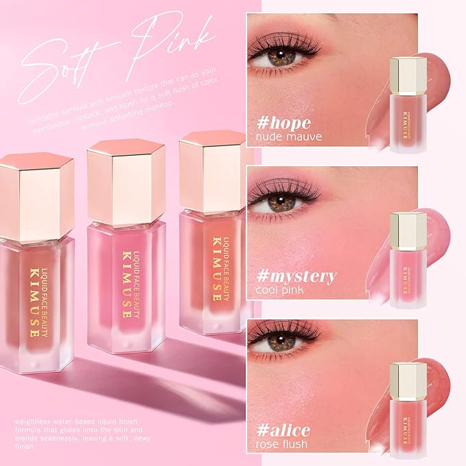 KIMUSE Soft Pink Gel-Cream Blush Trio, Liquid Blush for Cheeks, Weightless, Long-Wearing, Smudge Proof, Natural-Looking, Dewy Finish, Skin Tint Blush Makeup, 0.42 Fl Oz (love pink)