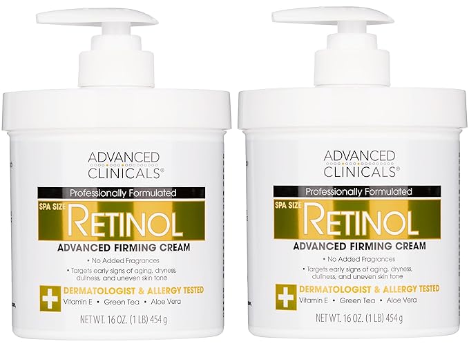 Advanced Clinicals Retinol Cream Face Moisturizer | Crepey Skin Care Treatment | Fragrance Free Body Lotion Targets Look Of Crepe Skin, Wrinkles, & Sagging Skin, 16 Oz (2-Pack)