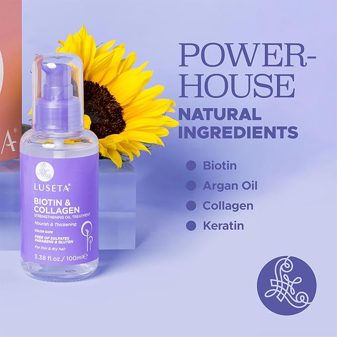 L LUSETA Biotin Hair Growth Serum with Collagen, Hair Oil for Thin and Damage Hair Growth Oil, Biotin growth serum for Frizzy & Damaged hair, Thickening and Healthier Scalp for Men & Women 3.38 Fl Oz