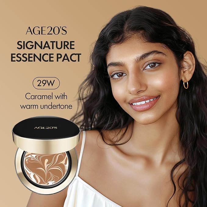 AGE20'S Signature Essence Pact SPF 50+ | Pack of 1 | 29W CARAMEL | Cream Foundation, Dewy Finish, Natural Coverage | Korean Cushion Foundation
