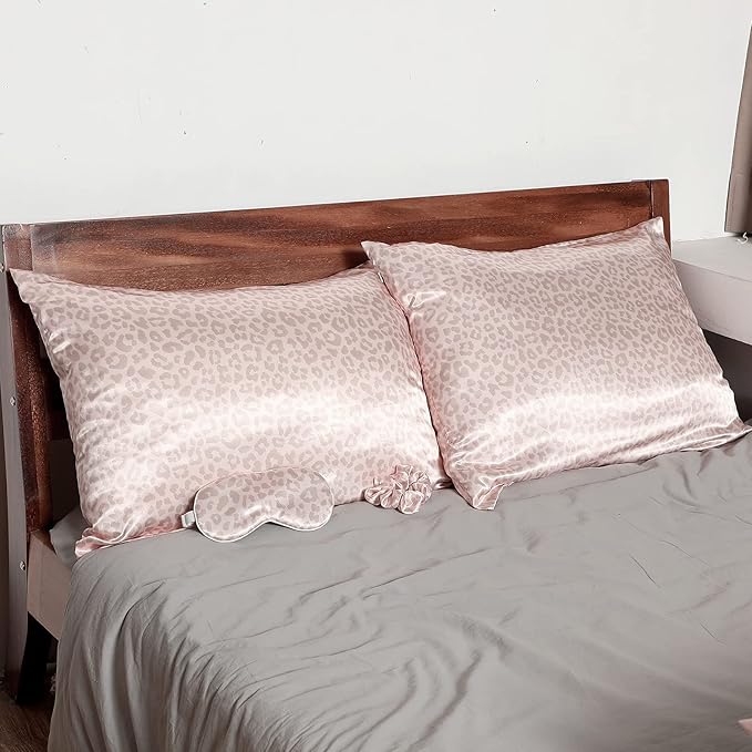 2 Pack Satin Pillowcase with Latent Zipper, Adjustable Satin Eye Mask for Sleeping and Satin Volume Scrunchie for Hair and Skin, Standard Size (Pink, Leopard Style)