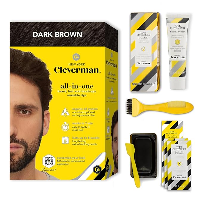 Cleverman Dark Brown Hair & Beard Dye Kit for Men - Natural-Looking Gray Coverage, Professional-Quality, Ammonia-Free for Hair, Beard & Mustache