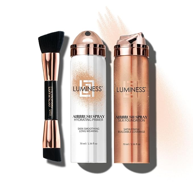 LUMINESS Airbrush Spray Silk Foundation Starter Kit - Fair Light - Foundation, Primer & Dual-Sided Angled Buffing Brush - Medium, Buildable Coverage, Anti-Aging Formula Hydrates & Moisturizes