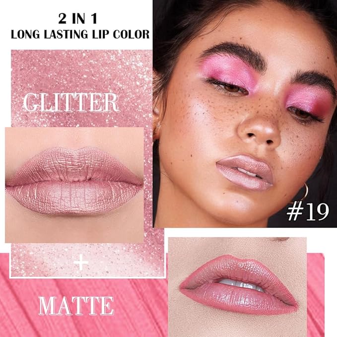 evpct Warm Pink Metallic Glitter Lip Liner and Lipstick Combo Set Long Lasting Waterproof, Metallic Shimmer Lip Gloss Stain Makeup for Women, Warm Pink Frosted Iridescent Glossy Liquid Lipstick 19