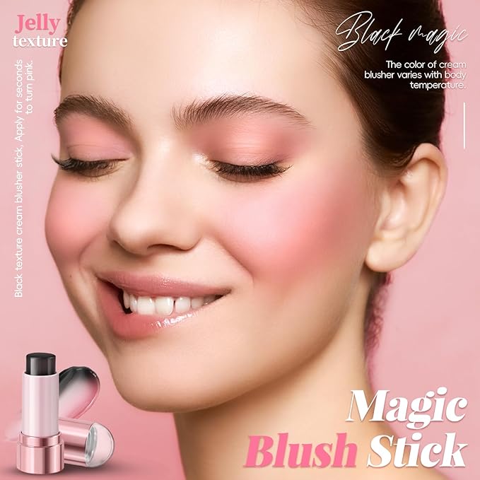 Color Changing Blush Stick for Cheek Lip, Black to Pink Jelly Clear Blush PH Temperature Change Magic Cream Blush Tinted, Lightweight Long Lasting Dewy Natural Glow Makeup for All Skin Tones