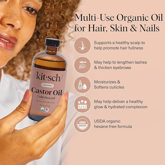 Kitsch Organic Castor Oil for Hair Growth - 100% Pure Castor Oil, Organic Cold Pressed Unrefined Glass Bottle for Face, Skin, Lashes, Brows, Scalp, Nails & Belly Button - Hexane Free, USDA - 16 oz