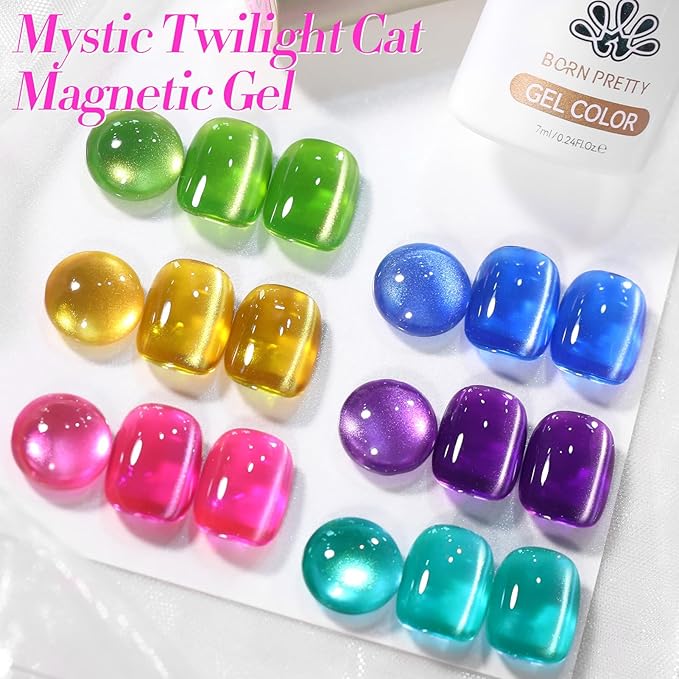 Born Pretty Cat Magnetic Eye Gel Nail Polish Neon Glazed Glass Crystal Magnetic Gel Spring Summer Yellow Green Pink Blue Purple Translucent Gel Polish Set Manicure Nail Art DIY at Home