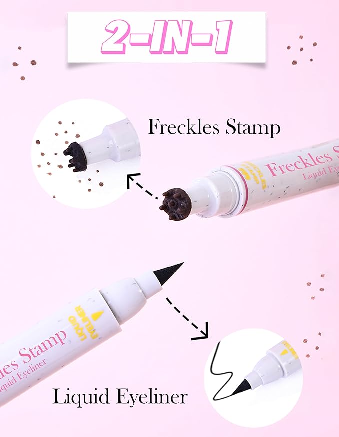 Erinde Waterproof Freckle Stamp Pen, Dual Ended Fake Freckle & Black Liquid Eyeliner, Long Lasting Quick Dry Faux Freckles Stamp Freck Pen for Natural Sunkissed Makeup, 03 Dark