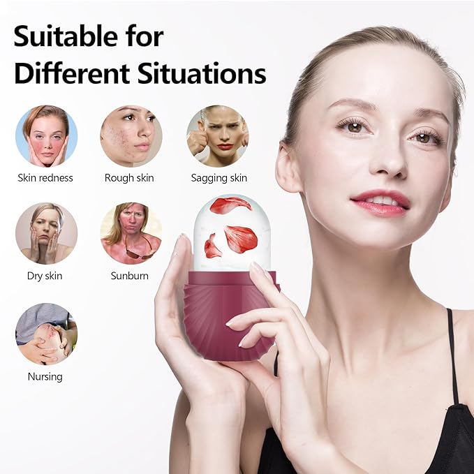 2pcs Ice Roller for Face and Eye, Silicone Ice Facial Roller Ice Holder, Face Ice Mold Skin Care, Face Icers Reusable Ice Cube Roller for Shrink Pores Anti Wrinkle Reduce Puffiness, Pink Rose