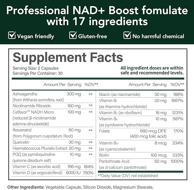 CELFULL NAD Supplement for Women with NADH,Resveratrol,Nicotinamide Riboside,Quercetin-NAD+ Boosting for Anti Aging Cellular Energy &Stamina-30000mg/Bottle