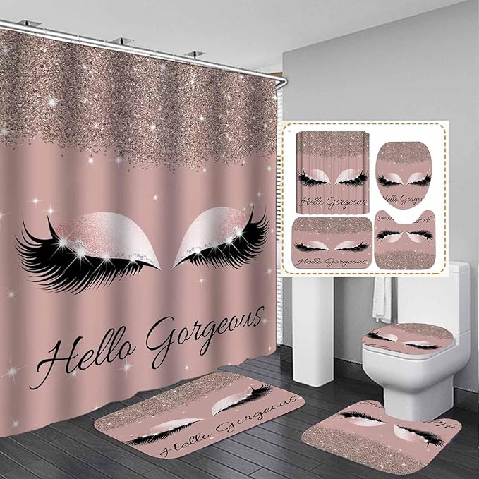4PCS Hello Gorgeous Shower Curtain Sets with Rugs, Rose Gold Glitter Bling Glam Makeup Diamond Unicorn Eyelash Bathroom Decor, Waterproof Fabric Pink Shower Curtain Girly Gifts for Girls Women