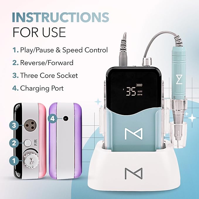 M Mase- Professional Nail Drill Machine - Coreless 2-in-1 Nail File - Electric, Cordless, 35000 RPM, HD Display - Electric Nail Drill for Professional & Home Use (Teal)