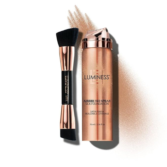 LUMINESS Silk Airbrush Spray Foundation & Buffing Brush Kit – Full Coverage Foundation & Dual-Sided Buffing Brush - Buildable Coverage, Anti-Aging Formula Hydrates & Moisturizes (Shade - Light Tan)