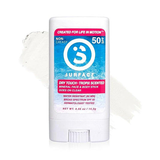 Surface Mineral Face Sunscreen Stick, Dry Touch SPF 50, Broad Spectrum UVA UVB Sun Protection for Kids and Adults, Travel Friendly, Water Resistant for 80 Minutes, Tropical Scent, 0.5oz