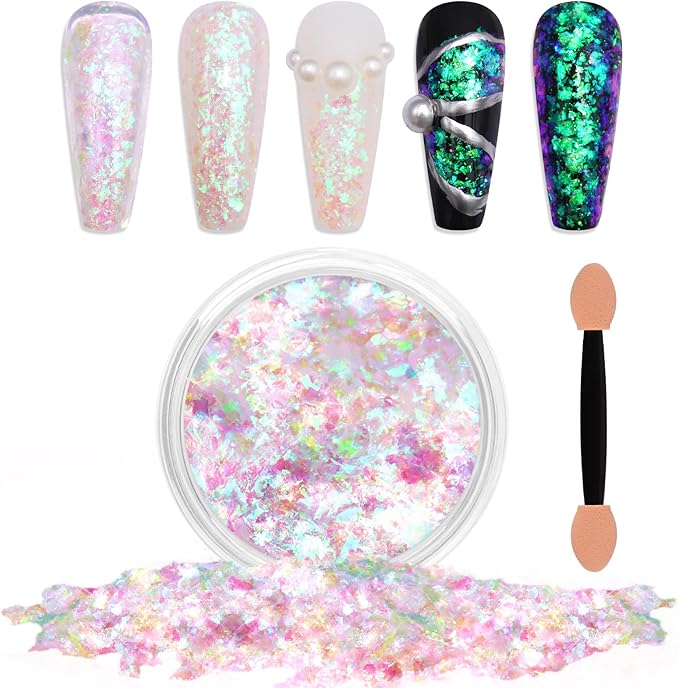 Laza Mermaid Fairytale Chameleon Flakes Nail Glitter Irregular Opal Nail Foil Flakes Chunky Confetti Color-Shift Sequins Iridescent Fairy Dust for Mermaid Nails Design, Nail Decorations for Nail Art