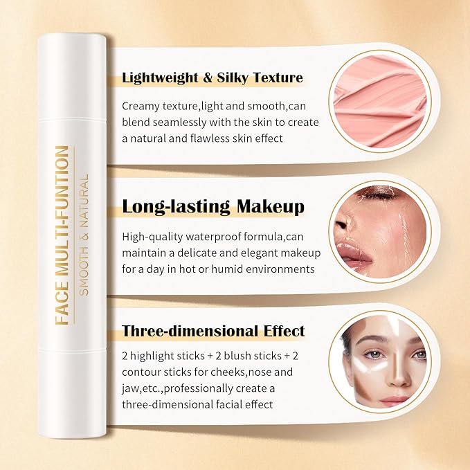 6 Colors Cream Contour Stick Set,Double-ended Cream Bronzer Stick,Highlighter Stick,Blush Stick,Professional Highlighter Makeup Contour Kit,Easy to Sculp Contorno Maquillaje（Set A）