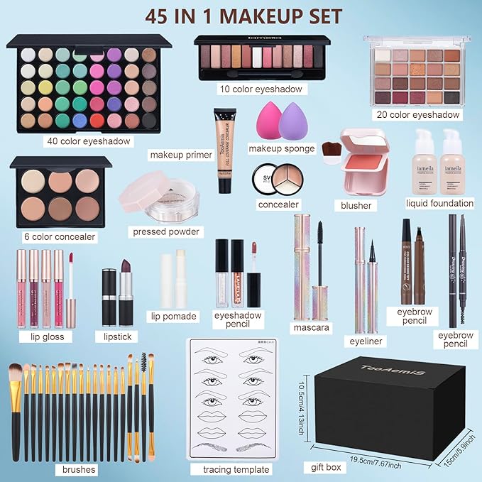 All in One Makeup Kit Makeup Kit for Women Full Kit Multipurpose Makeup ，eyeshadow、 liquid foundation,Loose powder,Eyebrow pencil,4-color lip gloss set